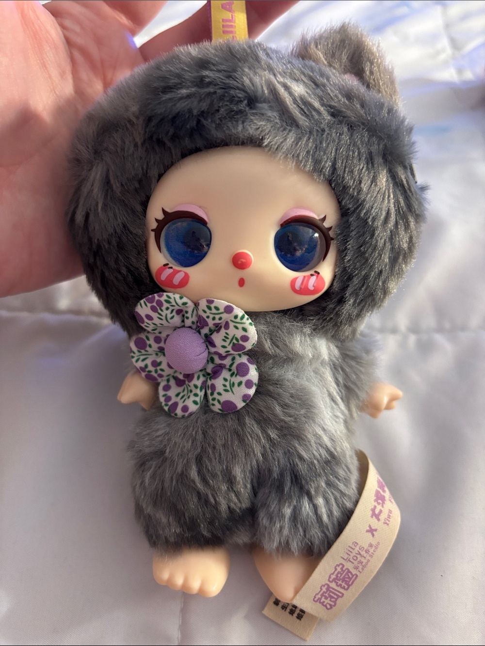 Source Unknown Gray Plush Doll Key & Card Holder with Purple Floral Accent